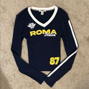 RSQ Navy Long Sleeve V-Neck Top with Yellow Roma Graphic